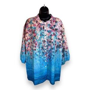 NEW XL COZY BRAND COLORFUL BLOUSE BUTTON FRONT FLORAL WOMENS HIGH NECK